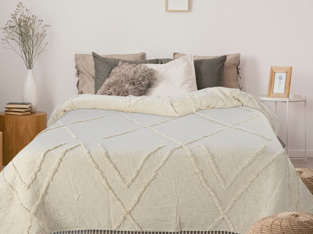 Ivory Geometric Twin Cotton Coverlet With Fringe