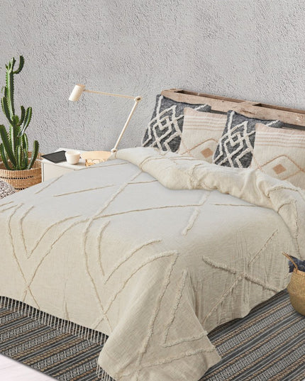 Ivory Geometric Twin Cotton Coverlet With Fringe