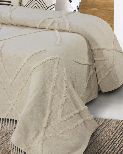 Ivory Geometric Twin Cotton Coverlet With Fringe
