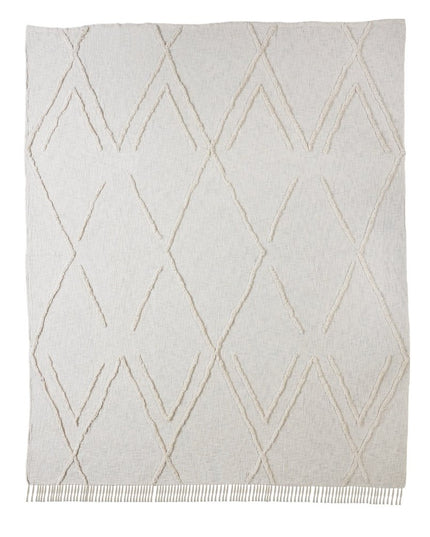 Ivory Geometric Twin Cotton Coverlet With Fringe
