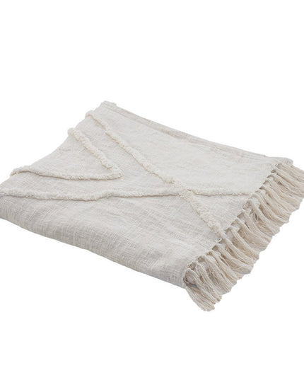 Ivory Geometric Twin Cotton Coverlet With Fringe