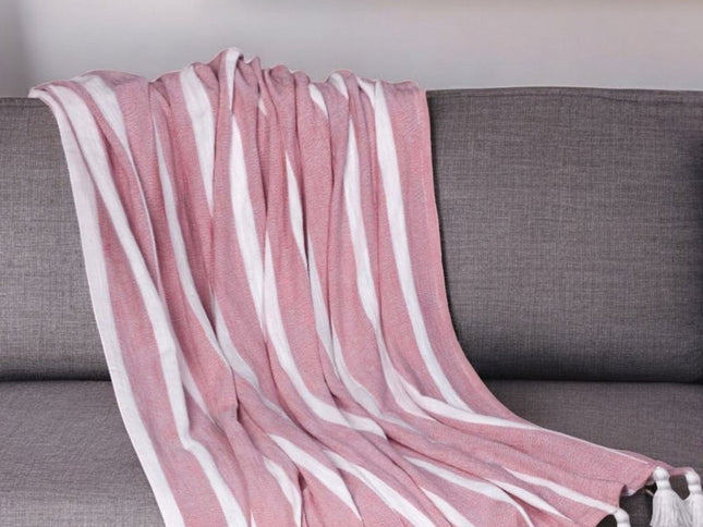 50" X 60" Pink and White Woven Cotton Striped Throw Blanket with Tassels
