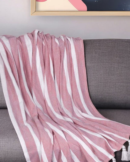 50" X 60" Pink and White Woven Cotton Striped Throw Blanket with Tassels