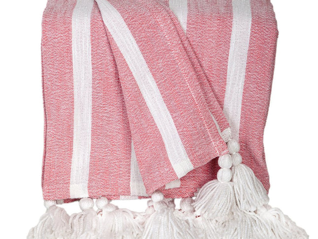 50" X 60" Pink and White Woven Cotton Striped Throw Blanket with Tassels