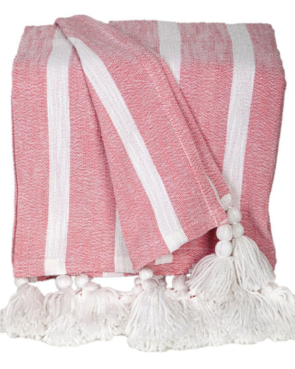 50" X 60" Pink and White Woven Cotton Striped Throw Blanket with Tassels