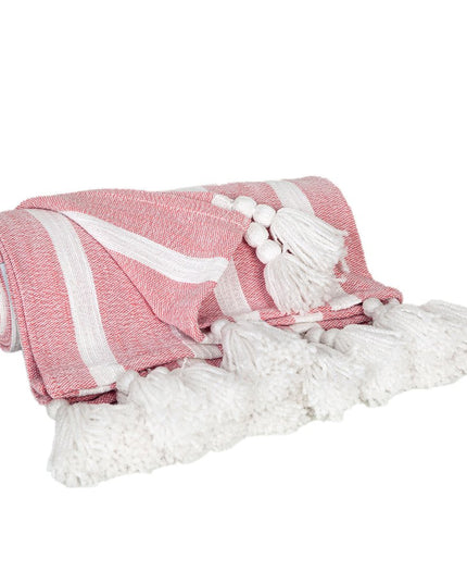 50" X 60" Pink and White Woven Cotton Striped Throw Blanket with Tassels