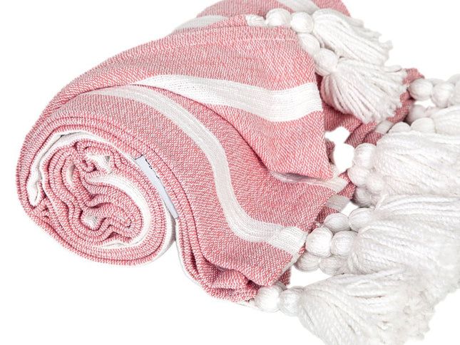 50" X 60" Pink and White Woven Cotton Striped Throw Blanket with Tassels