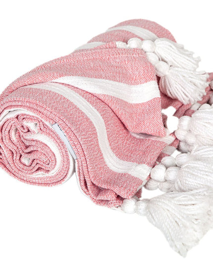 50" X 60" Pink and White Woven Cotton Striped Throw Blanket with Tassels