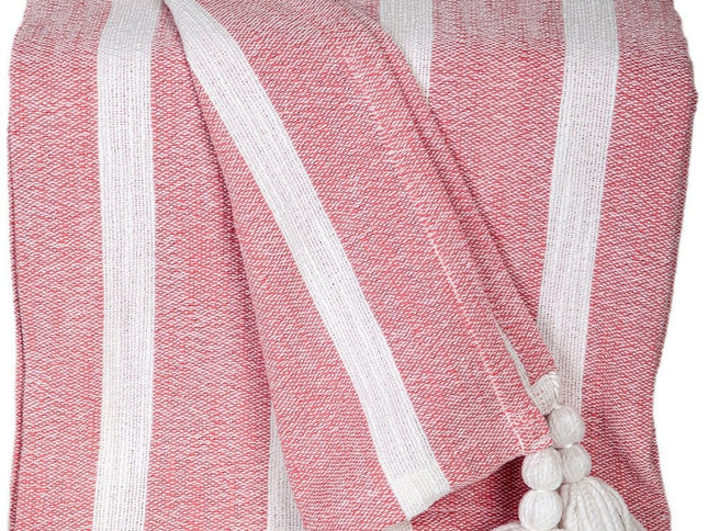 50" X 60" Pink and White Woven Cotton Striped Throw Blanket with Tassels