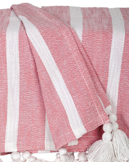 50" X 60" Pink and White Woven Cotton Striped Throw Blanket with Tassels