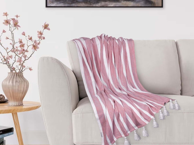 50" X 60" Pink and White Woven Cotton Striped Throw Blanket with Tassels