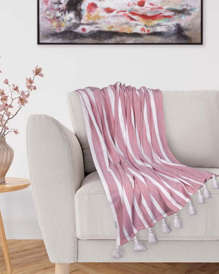 50" X 60" Pink and White Woven Cotton Striped Throw Blanket with Tassels