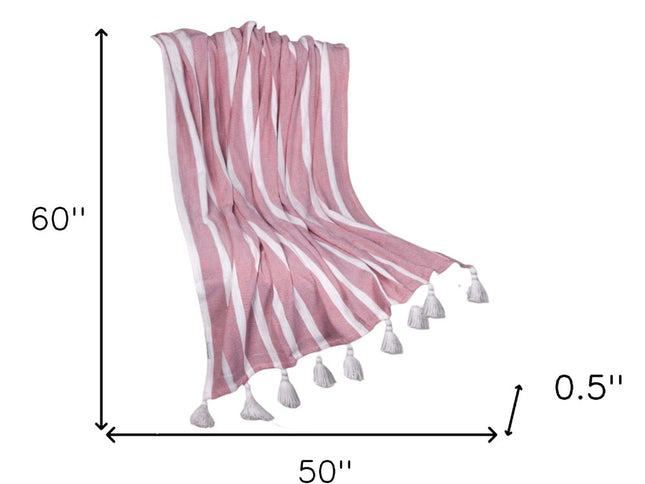 50" X 60" Pink and White Woven Cotton Striped Throw Blanket with Tassels