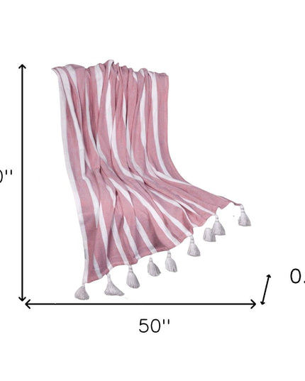 50" X 60" Pink and White Woven Cotton Striped Throw Blanket with Tassels