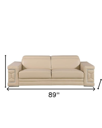 89" Beige Leather Sofa With Silver Legs