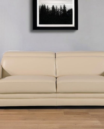 89" Beige Leather Sofa With Silver Legs