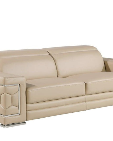 89" Beige Leather Sofa With Silver Legs