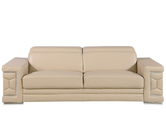 89" Beige Leather Sofa With Silver Legs