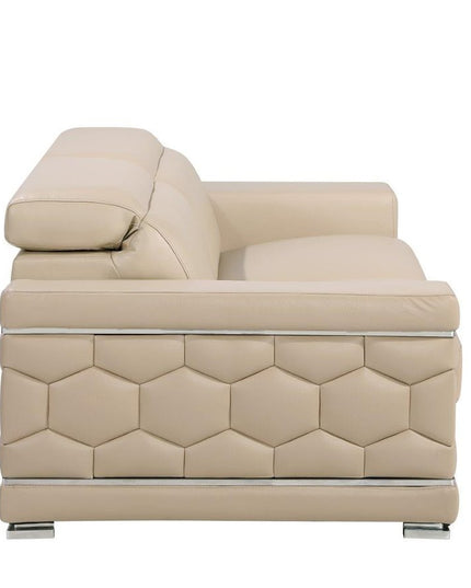 89" Beige Leather Sofa With Silver Legs
