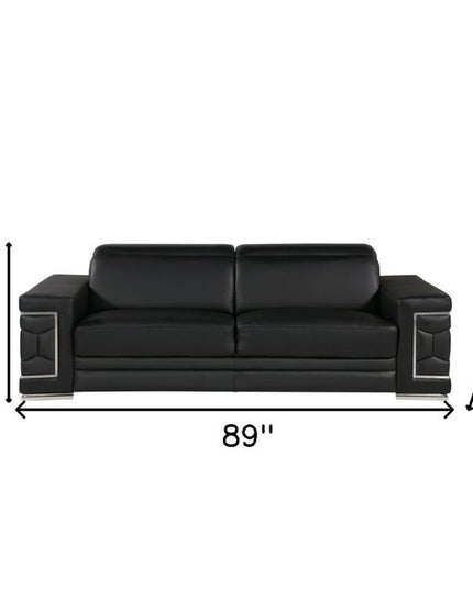 89" Black Leather Sofa With Silver Legs