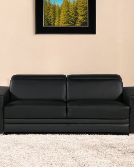 89" Black Leather Sofa With Silver Legs