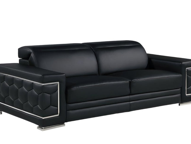 89" Black Leather Sofa With Silver Legs