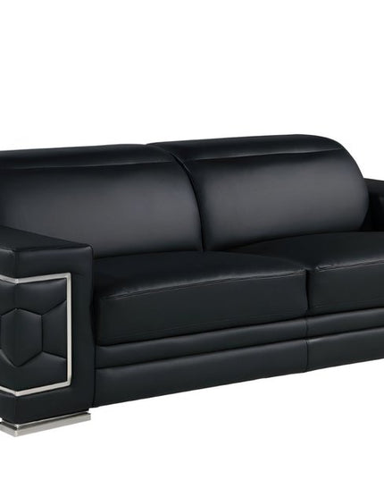 89" Black Leather Sofa With Silver Legs