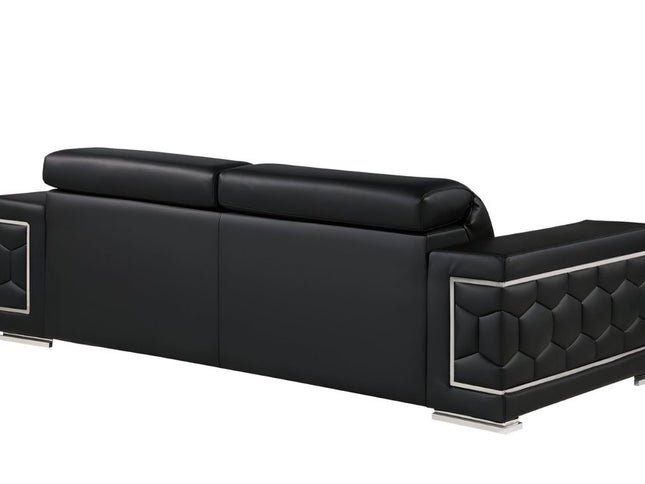 89" Black Leather Sofa With Silver Legs