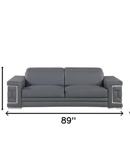 89" Gray Leather Sofa With Silver Legs