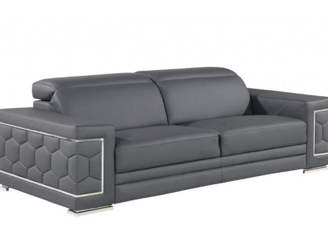 89" Gray Leather Sofa With Silver Legs