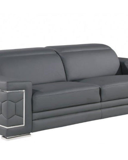 89" Gray Leather Sofa With Silver Legs