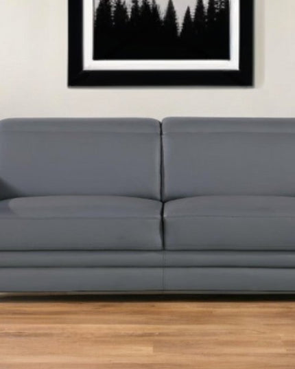 89" Gray Leather Sofa With Silver Legs