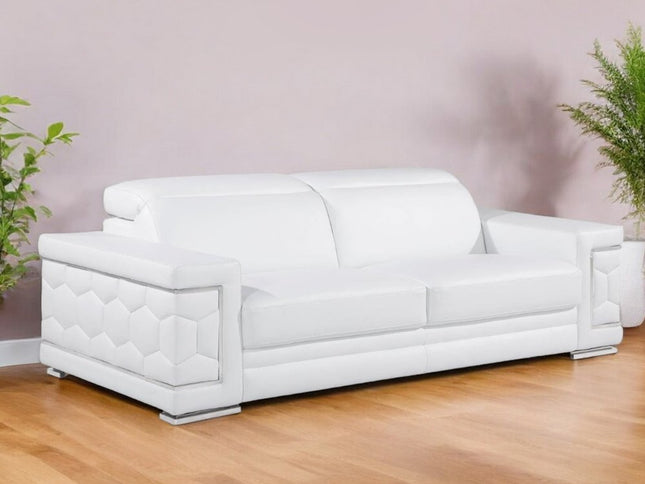 89" White Leather Sofa With Silver Legs