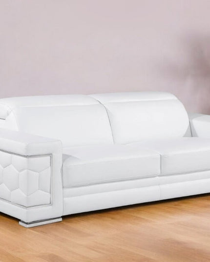 89" White Leather Sofa With Silver Legs