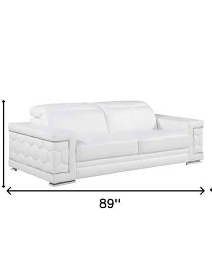 89" White Leather Sofa With Silver Legs