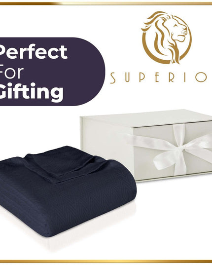 Queen Navy Blue Cotton Woven Chevron Blanket