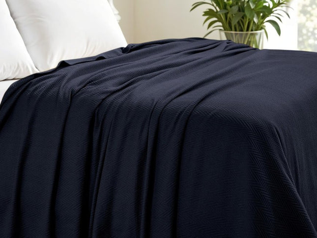 Queen Navy Blue Cotton Woven Chevron Blanket