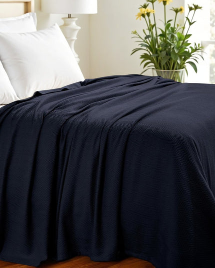 Queen Navy Blue Cotton Woven Chevron Blanket