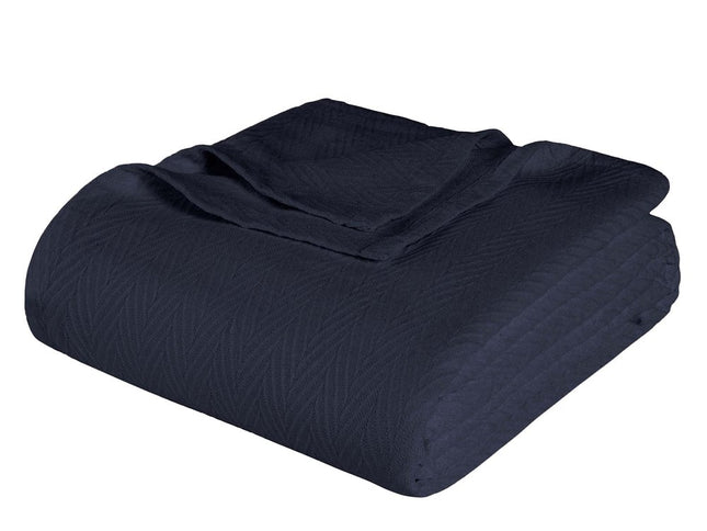 Queen Navy Blue Cotton Woven Chevron Blanket