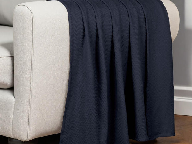 Queen Navy Blue Cotton Woven Chevron Blanket