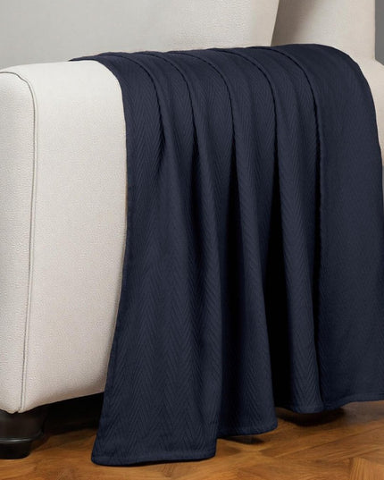 Queen Navy Blue Cotton Woven Chevron Blanket