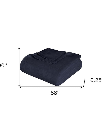 Queen Navy Blue Cotton Woven Chevron Blanket