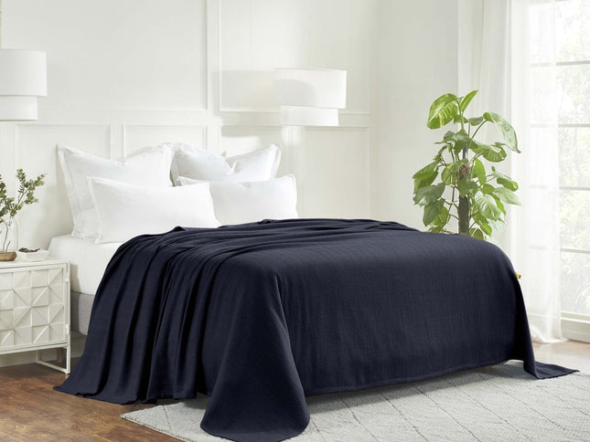 Queen Navy Blue Cotton Woven Chevron Blanket
