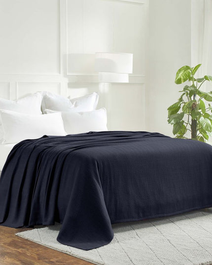 Queen Navy Blue Cotton Woven Chevron Blanket