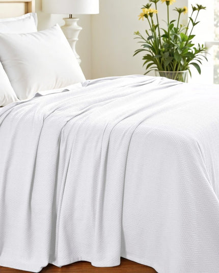 Queen White Cotton Woven Chevron Blanket
