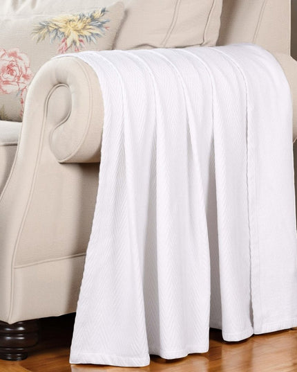 Queen White Cotton Woven Chevron Blanket