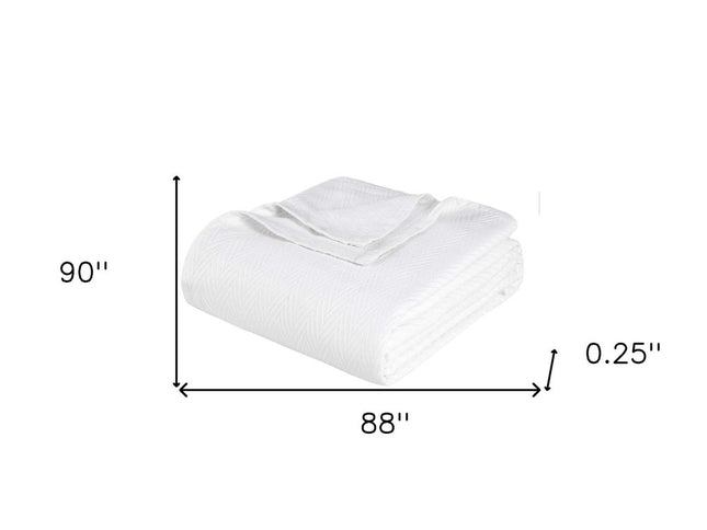 Queen White Cotton Woven Chevron Blanket