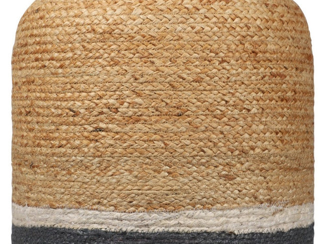 18" Natural And Gray Jute Blend Cylinder Striped Pouf Ottoman