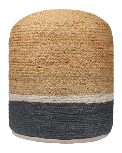 18" Natural And Gray Jute Blend Cylinder Striped Pouf Ottoman