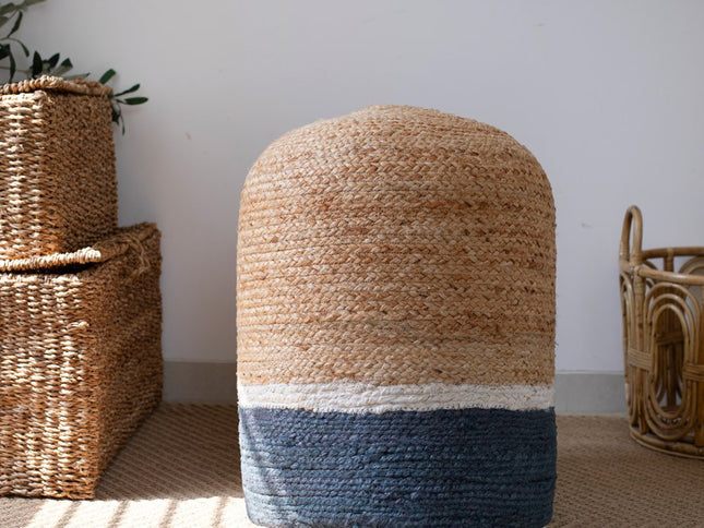 18" Natural And Gray Jute Blend Cylinder Striped Pouf Ottoman